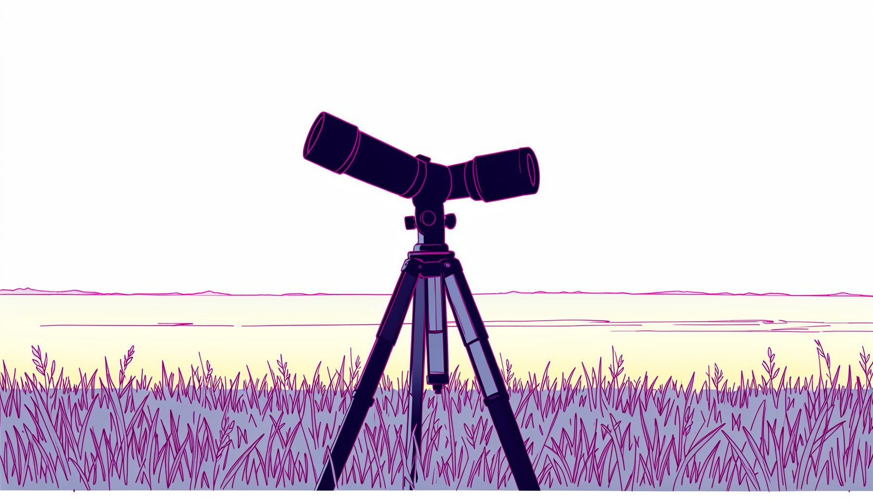 A spotting scope on a tripod silhouetted against a wide prairie horizon at dusk, deep blues and muted gold
