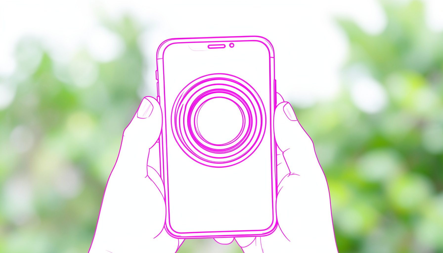 A smartphone held up to a spotting scope eyepiece, with blurred green foliage in the background