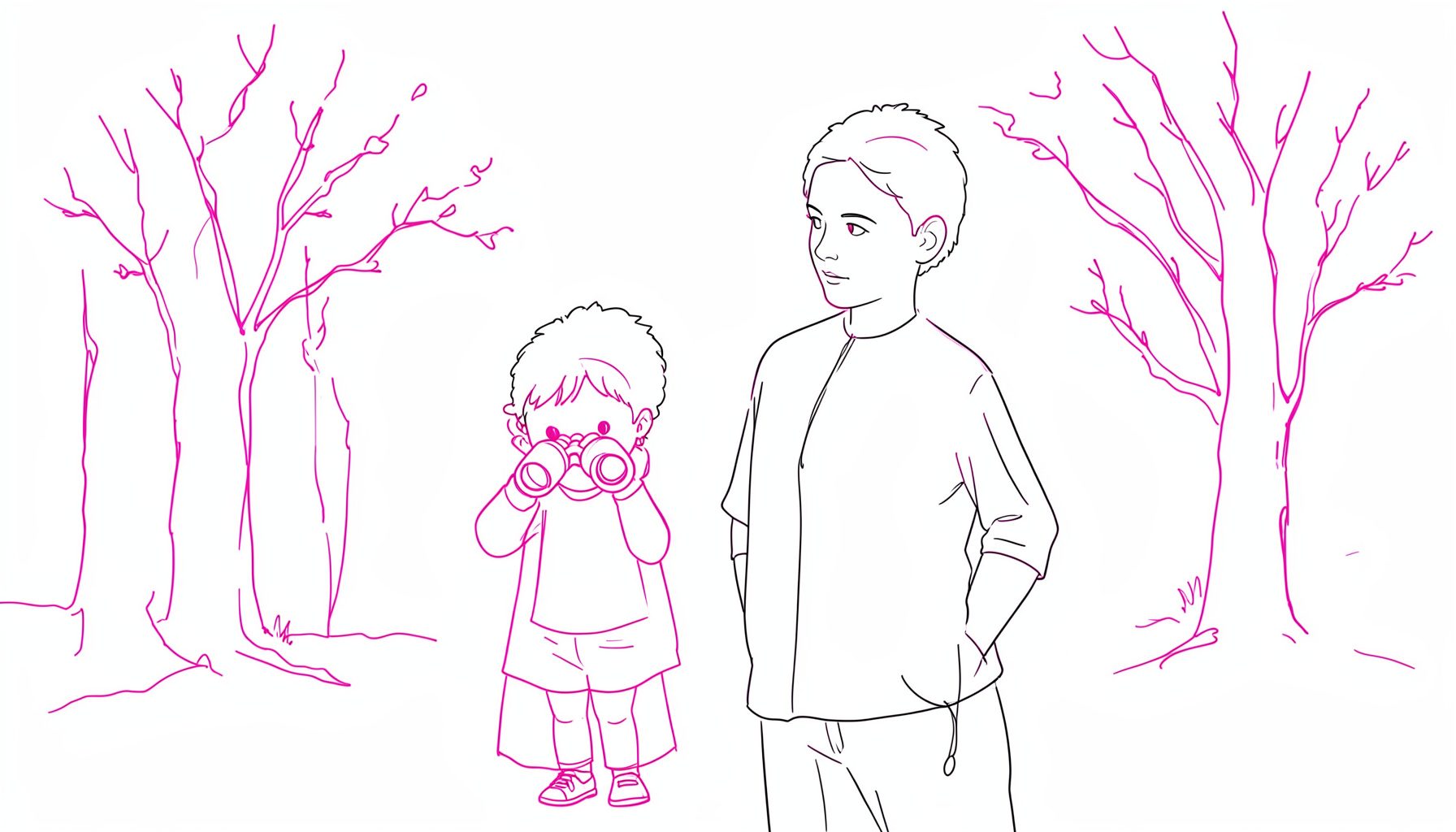 A simple line drawing of a child with binoculars beside an adult, both looking toward trees, minimal black ink on white