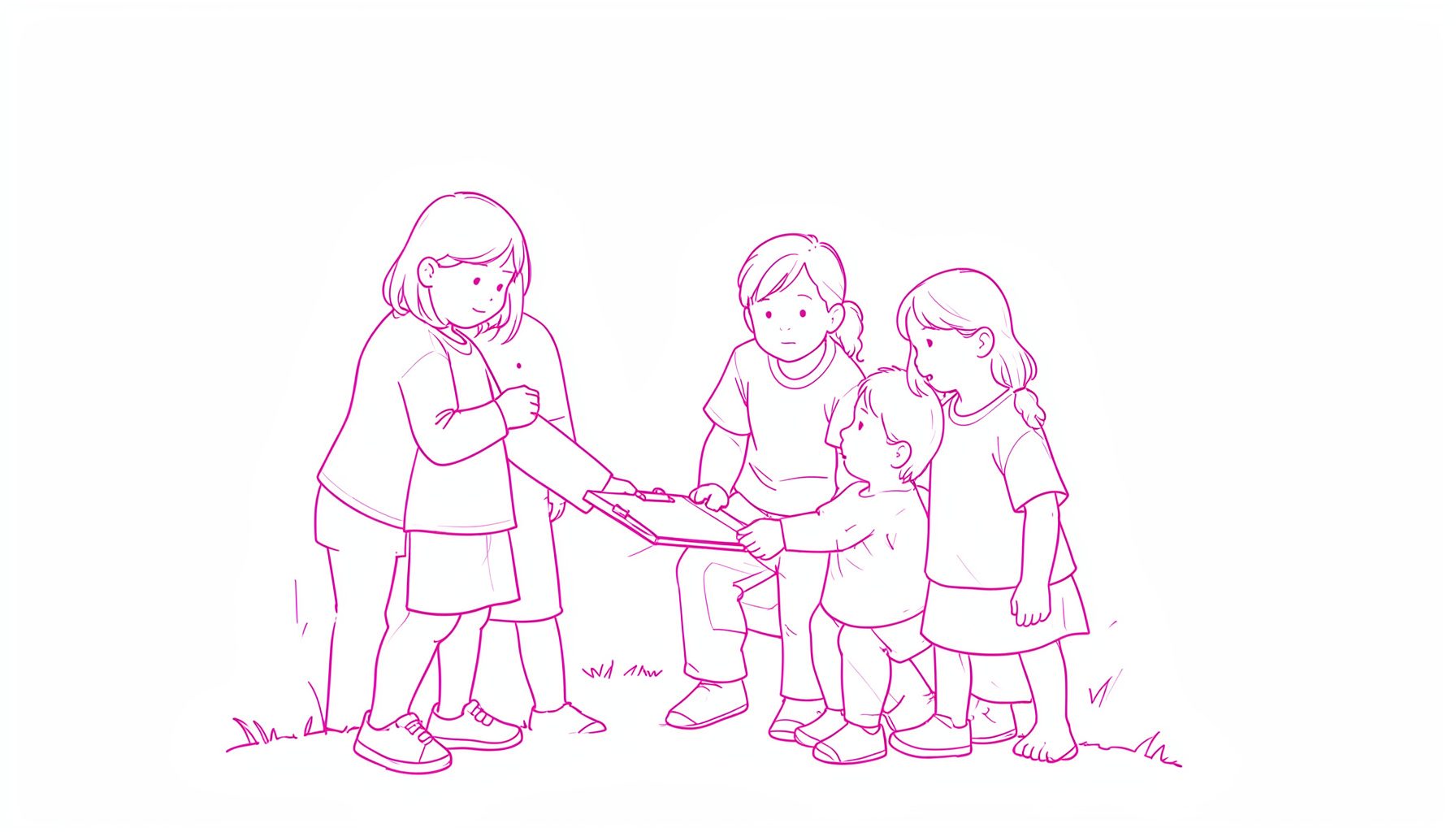 A simple line drawing of several children gathered around a clipboard outdoors, minimal black ink on white