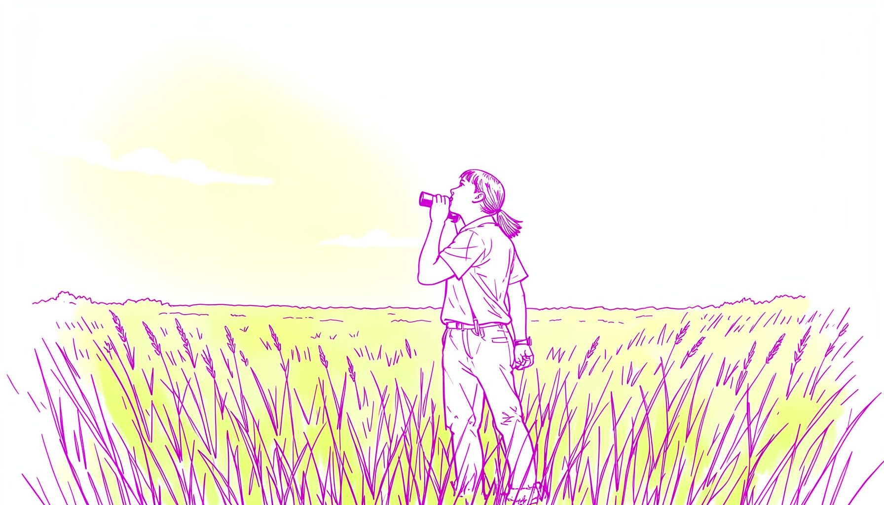 A young person standing in a grassy prairie field holding binoculars, looking up at a bright sky, warm golden and green tones