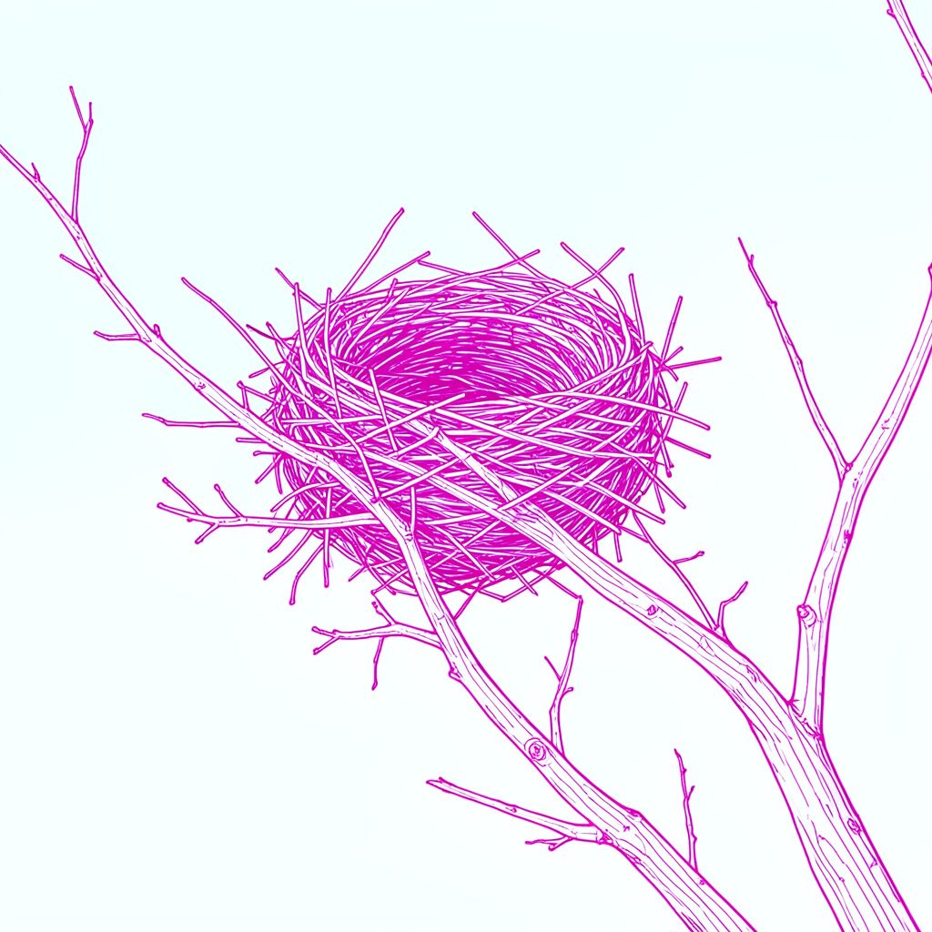 Close-up of a bird nest atop a bare tree against blue sky