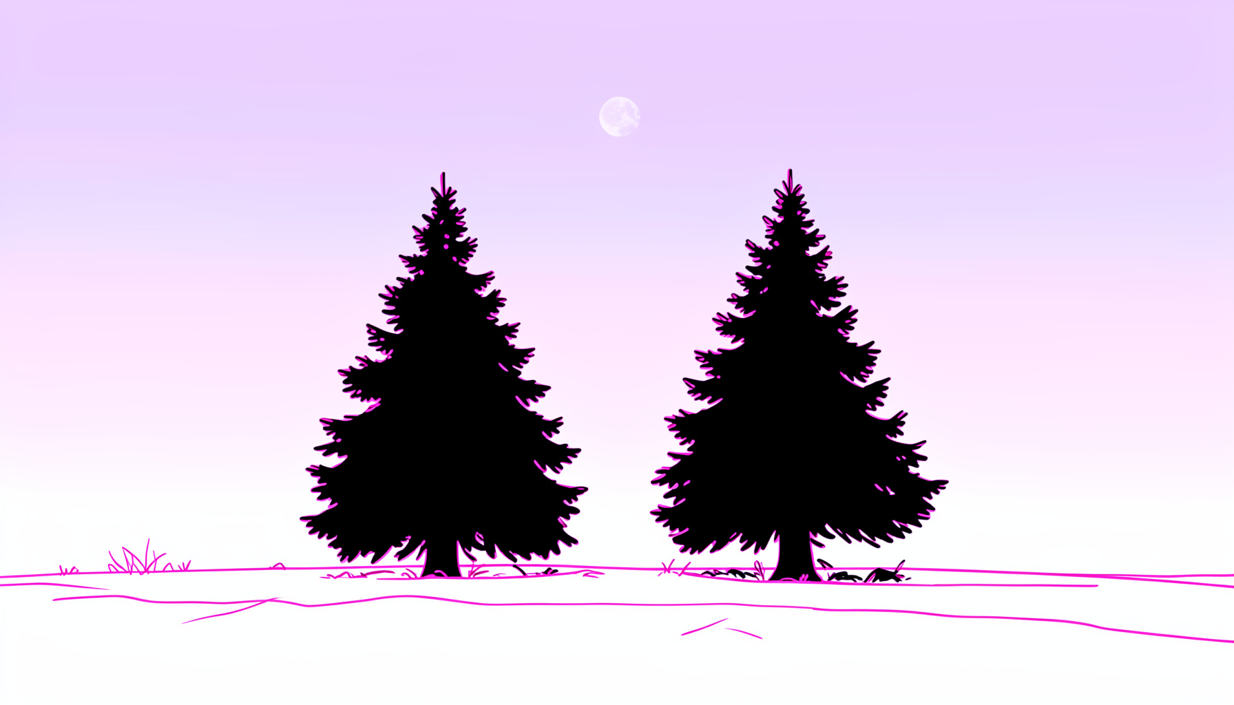 A snowy field at dusk with two dark evergreen trees silhouetted against a pastel pink and blue sky, a faint moon visible above