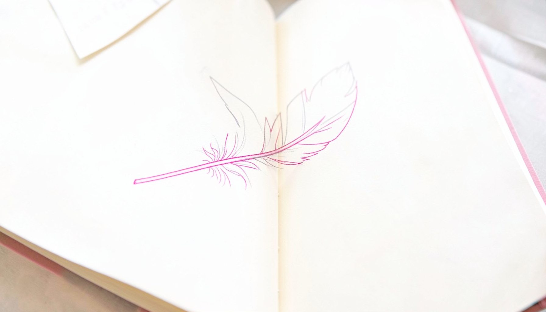 A minimal line drawing of a feather resting on an open journal page, delicate grey and soft brown lines on cream