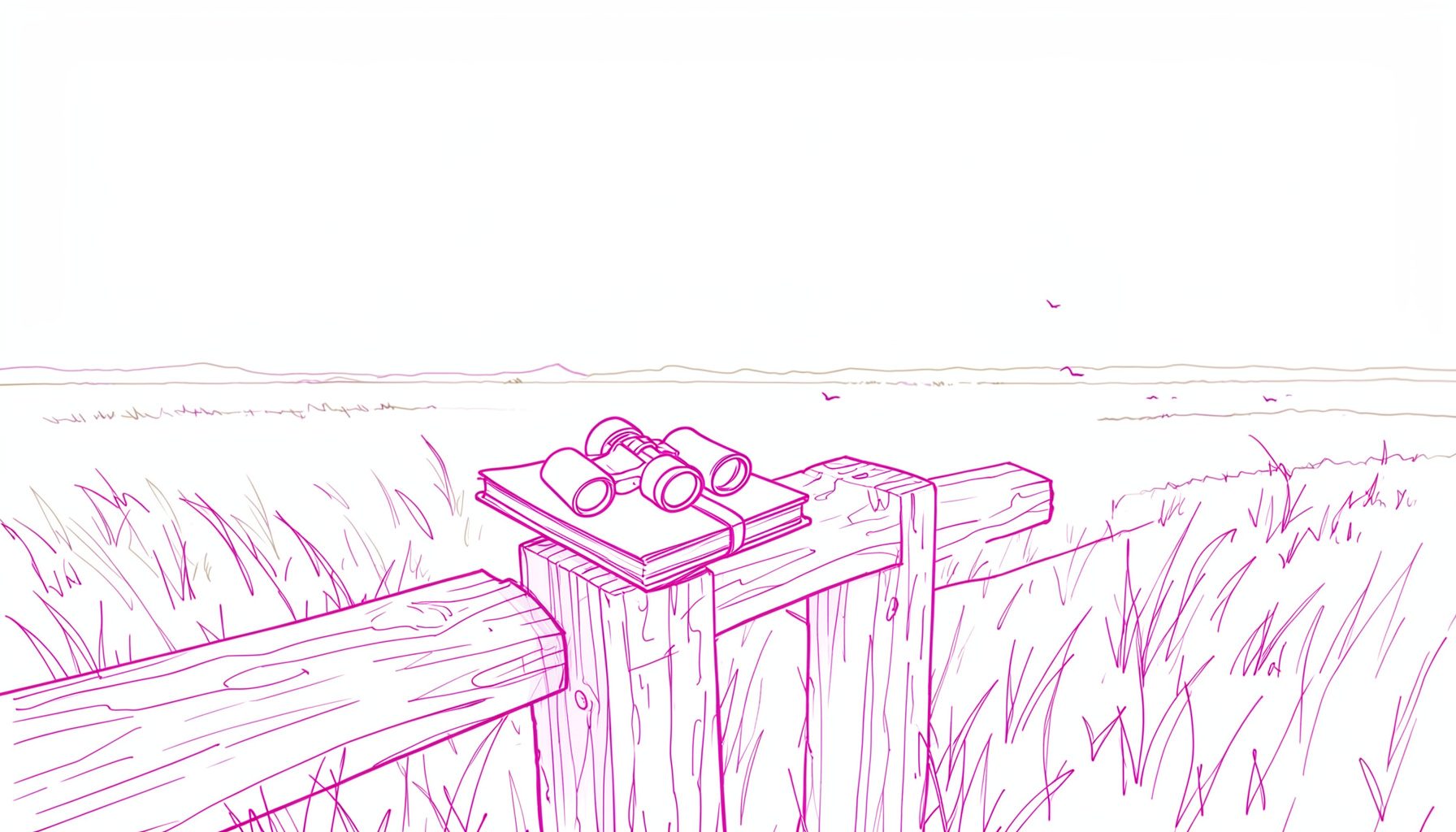 A minimal line drawing of a notebook and binoculars resting on a wooden fence post, with open prairie and a few birds in the distance, rendered in soft muted browns and pale sky tones