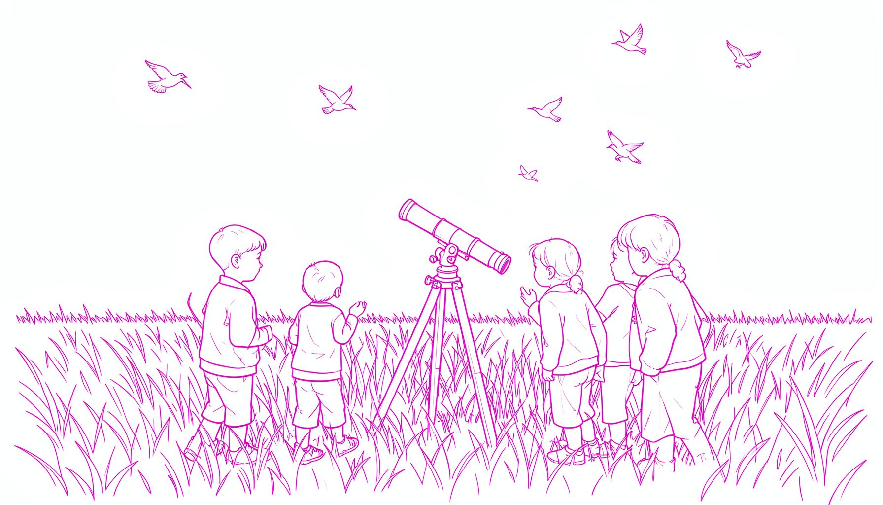 Children gathered around a spotting scope in a grassy field, looking at birds under a bright sky