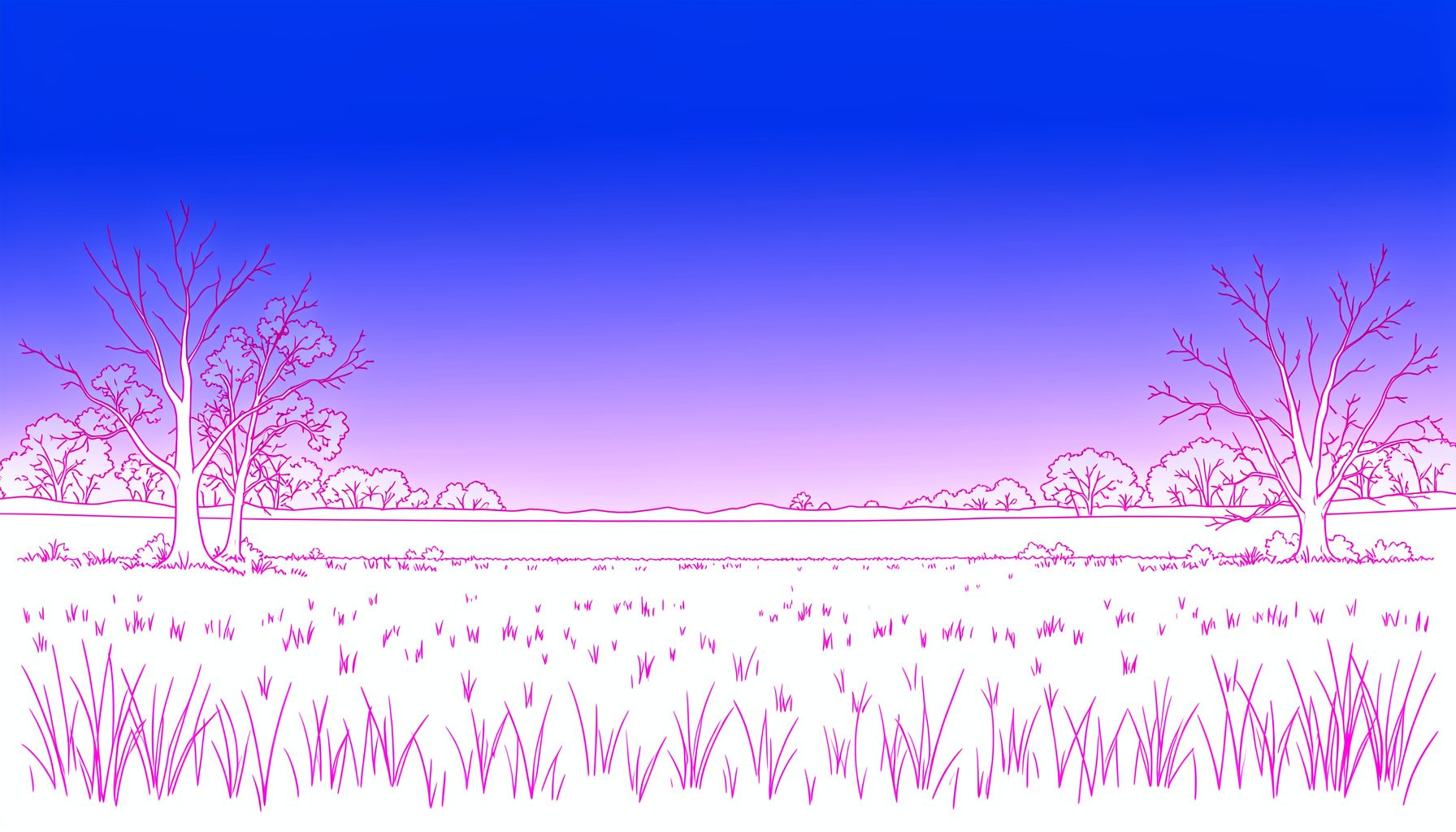 Dusk prairie scene with sparse trees and open grassland, deep blue and purple sky, quiet evening mood