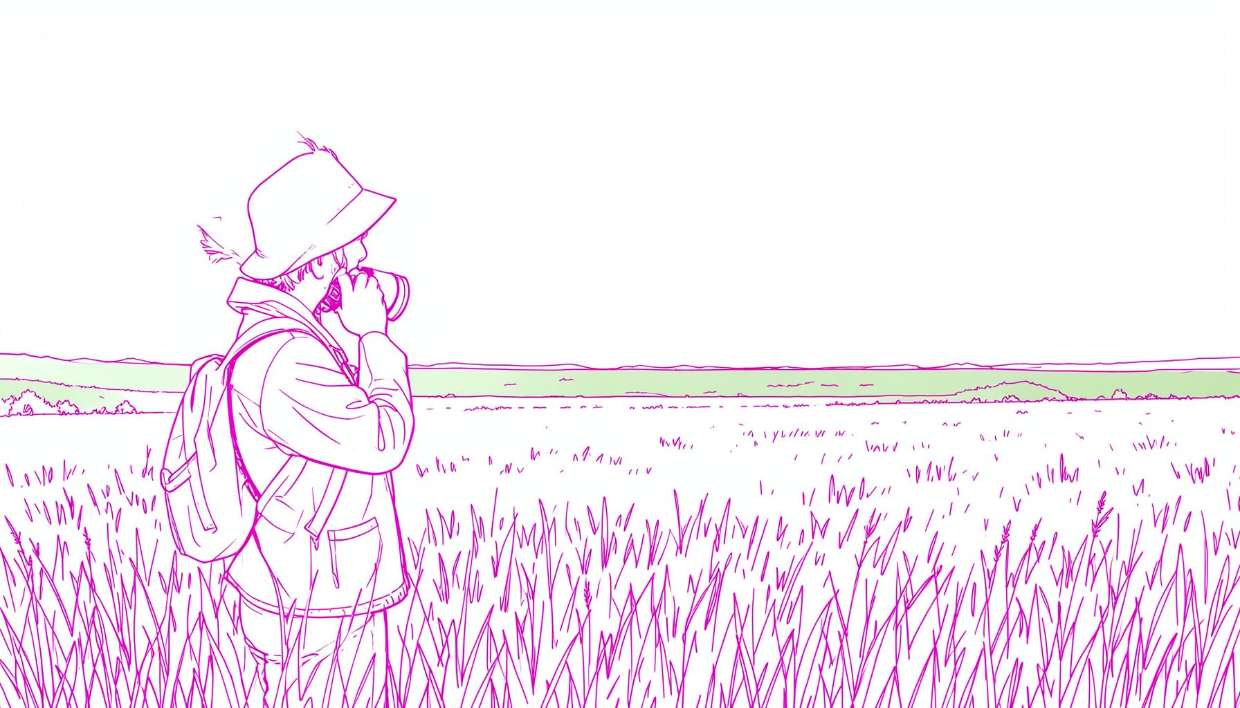 Person in field holding binoculars, scanning open prairie landscape under wide sky, muted greens and browns