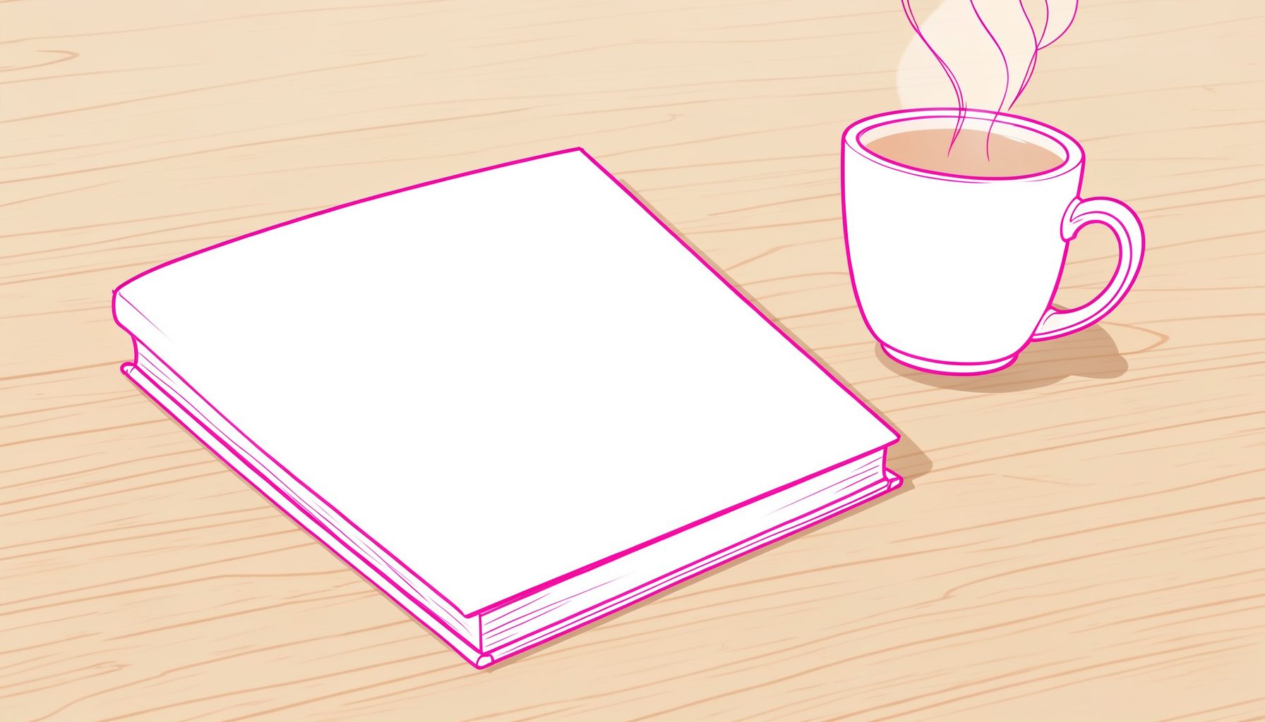 A minimal line drawing of a book cover lying on a wooden table beside a steaming mug, soft warm browns and cream tones