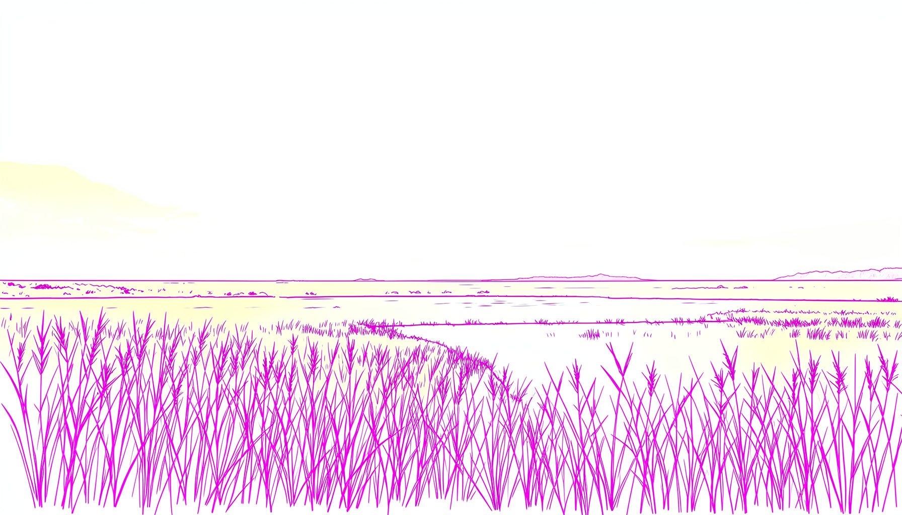 Wide prairie landscape with tall grasses and a distant slough under a big open sky, muted golds and soft blues