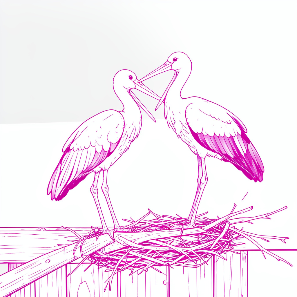 Two storks standing on a twig nest on a wooden platform under grey sky