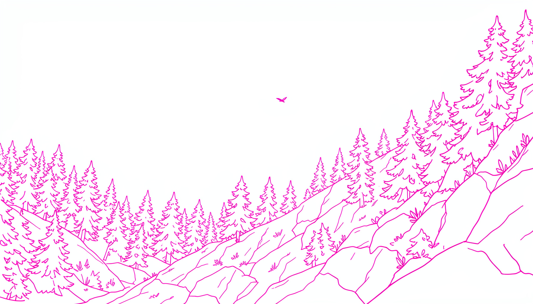 A rocky hillside dotted with pine and spruce trees under an overcast gray sky, a single bird flying in the distance